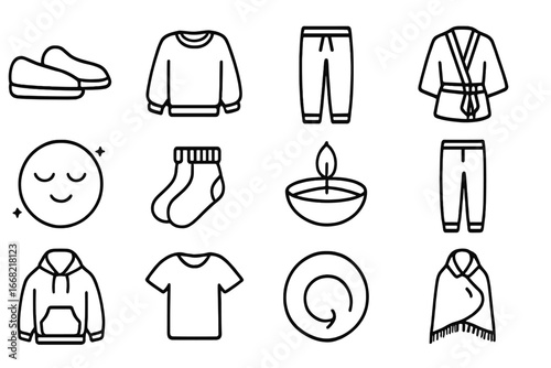 Cozy Relaxation Icons. Outline icon set of post-work decompression outfits: slip-on shoes, oversized
