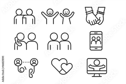 Friendship Icon Set. Outline icon set of friendship and connection: linked arms, shared joy, partner dance,