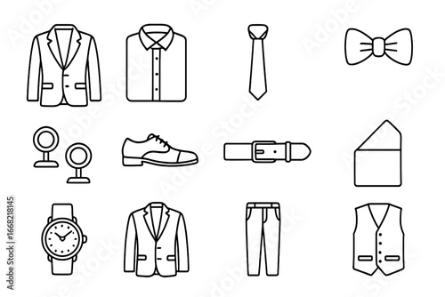 Men's Formal Fashion Icons. Outline icon set of men’s formal fashion: suit jacket, dress shirt, tie, bow tie,