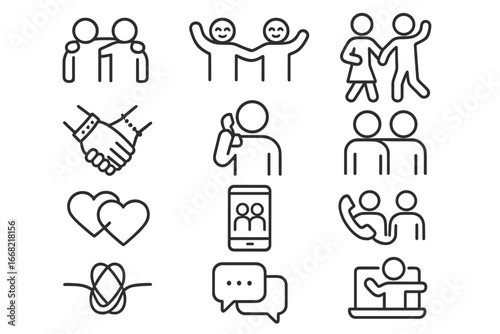 Friendship Icon Set. Outline icon set of friendship and connection: linked arms, shared joy, partner dance,