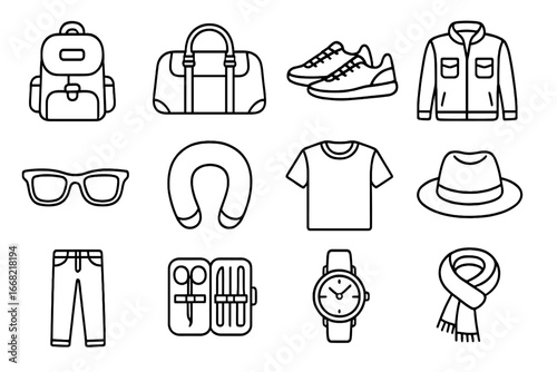 Men's Travel Essentials. Outline icon set of travel style for men: backpack, leather duffle bag, sneakers,