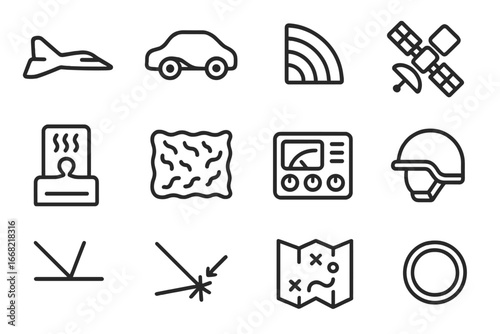 Military Invisibility Icons. Outline icon set of military invisibility applications: stealth aircraft, cloaked
