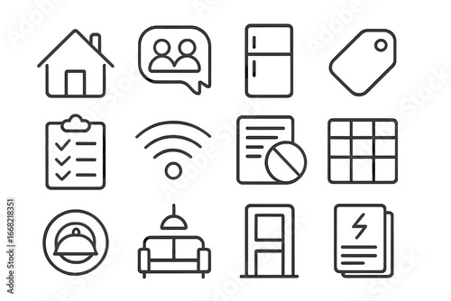 Shared Living Icons. Outline icon set of shared living spaces: house icon, roommate chat, shared fridge, label