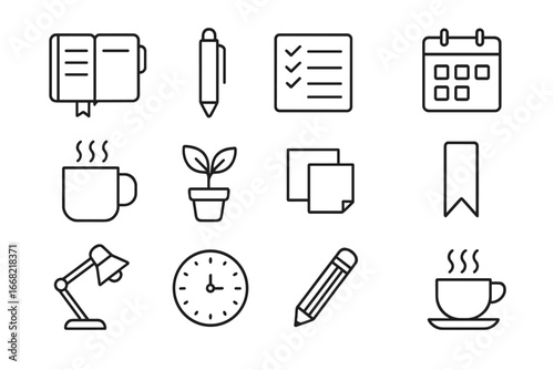 Mindful Productivity Icons. Outline icon set of mindful productivity setup: planner, pen, checklist, calendar,