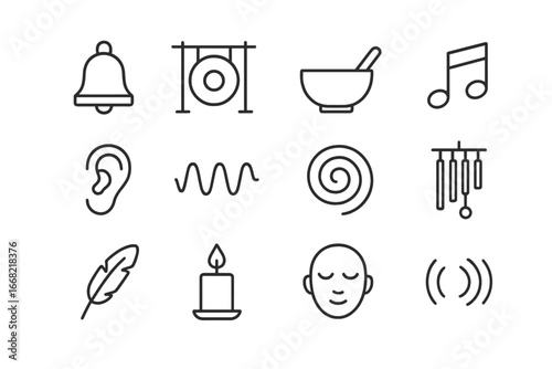 Mindful Sound Icons. Outline icon set of mindful sound meditation: bell, gong, sound bowl, music note, ear,