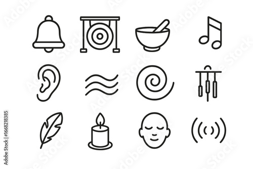 Mindful Sound Icons. Outline icon set of mindful sound meditation: bell, gong, sound bowl, music note, ear,