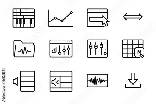 Music Software Icon Set. Outline icon set of composing software tools: piano roll, automation track,