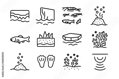 Polar Seabed Icons. Outline icon set of polar seabed environment: ice shelf, glacier edge, krill swarm, cold