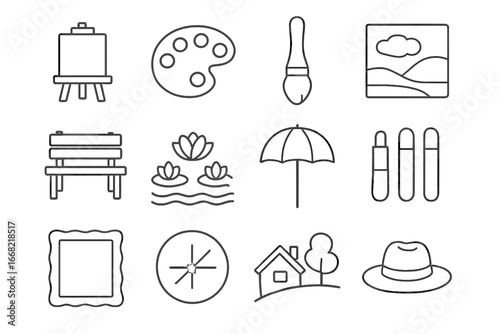 Impressionist Icon Set. Outline icon set of Impressionism: easel, paint palette, soft brush, landscape, garden