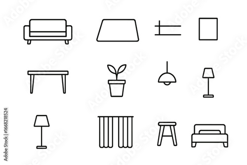 Minimalist Interior Icons. Outline icon set of minimalist interior design: plain sofa, neutral rug, bare wall,