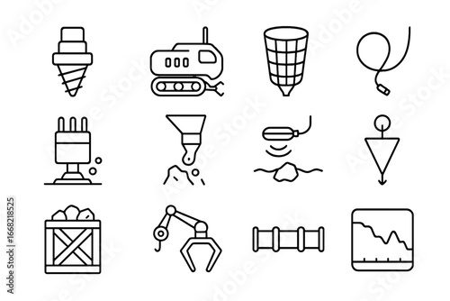Undersea Mining Icons. Outline icon set of undersea mining operation: drill head, mining robot, collection