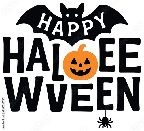 Halloween text design vector: spooky happy halloween typography with pumpkin, bat, and spider elements
