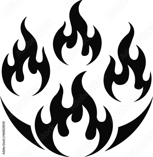 Black Flame Icon Set, Stylized Fire Silhouettes Vector Collection