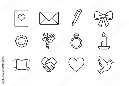 Minimalist Vow Icons. Outline icon set of minimalistic vow stationery: vow card, envelope, pen, ribbon, wax