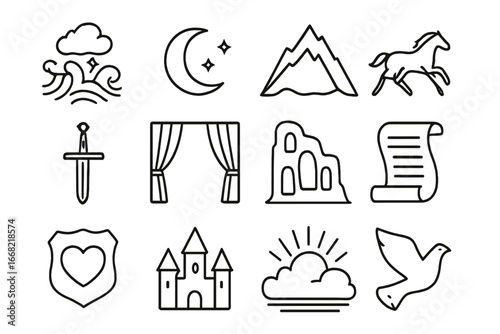 Romantic Icons Collection. Outline icon set of Romanticism: stormy sea, moonlit sky, dramatic mountain,