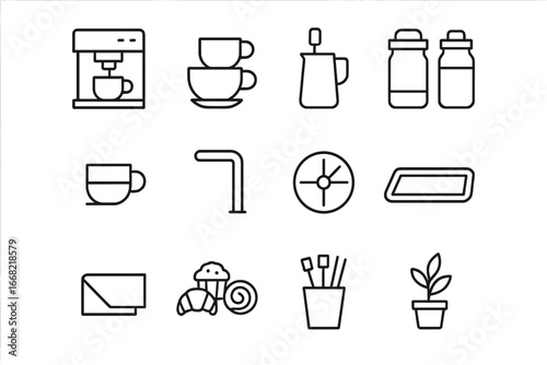Mobile Coffee Trolley Icons. Outline icon set of mobile coffee serving trolley: coffee maker, cups, milk