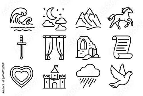 Romantic Icons Collection. Outline icon set of Romanticism: stormy sea, moonlit sky, dramatic mountain,