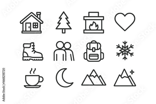 Mountain Retreat Icons. Outline icon set of mountain retreat romance: cabin, pine tree, fireplace, heart,
