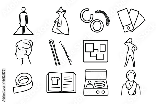 Fashion Icon Grid. Outline icon set of high fashion styling: runway model, couture dress, bold accessories,