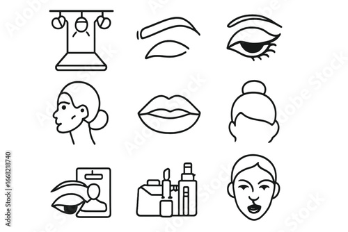 Runway Beauty Icons. Outline icon set of runway beauty looks: catwalk lights, bold brow, smokey eye, contour
