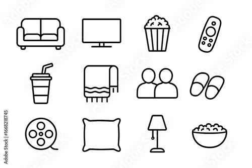 Movie Night Icons. Outline icon set of watching a movie together on the couch: couch, TV screen, remote