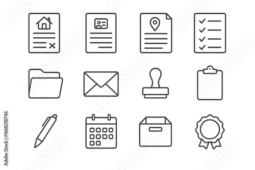 Moving Paperwork Icons. Outline icon set of paperwork for moving: lease contract, ID card, address change form