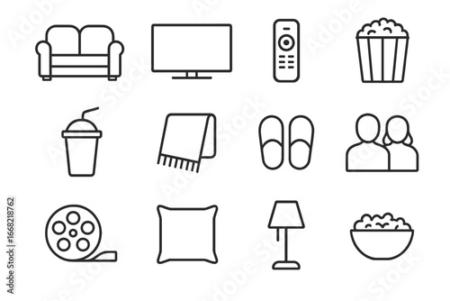 Movie Night Icons. Outline icon set of watching a movie together on the couch: couch, TV screen, remote