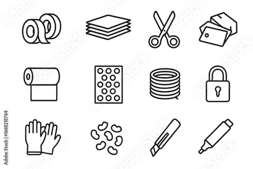 Moving Supplies Icons. Outline icon set of moving supplies shopping: tape rolls, cardboard sheets, scissors,