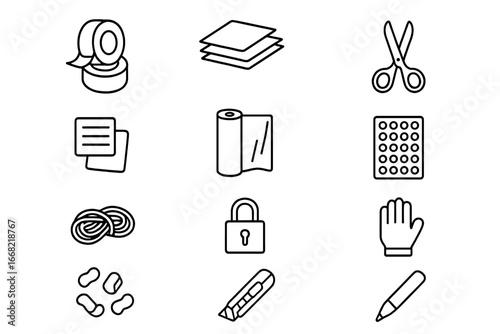 Moving Supplies Icons. Outline icon set of moving supplies shopping: tape rolls, cardboard sheets, scissors,