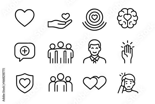 Compassionate Leadership Icons. Outline icon set of leadership with compassion: caring heart, supporting hand,