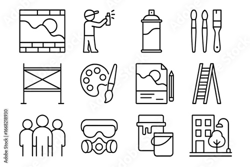 Mural Art Icon Set. Outline icon set of public art murals: mural wall, artist at work, spray paint, brushes,