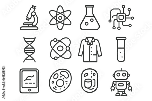 Science Icon Set. Outline icon set of science learning tools: microscope, atom, chemical flask, circuit board,