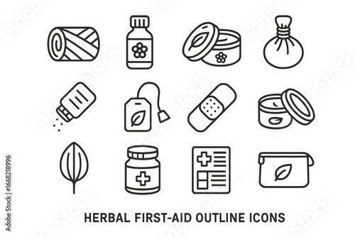 Herbal First Aid Icons. Outline icon set of herbal first aid kit: poultice wrap, arnica bottle, calendula
