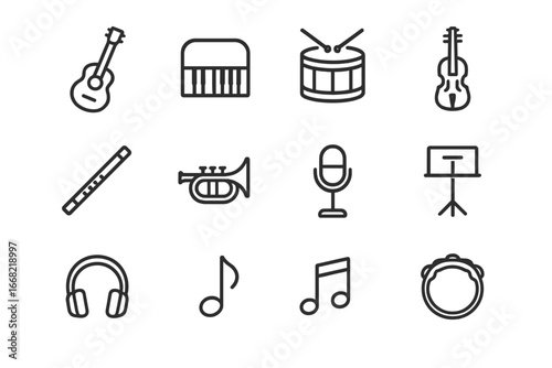 Musical Instruments Outline Icons. Outline icon set of playing musical instruments: guitar, piano, drum,