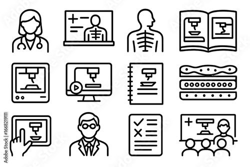3D Bioprinting Education Icons. Outline icon set of 3D bioprinting education: medical student icon, digital