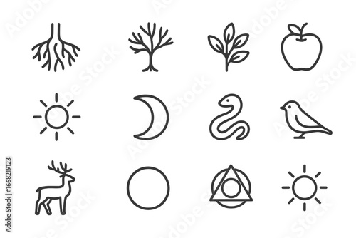Mythical Tree Symbols. Outline icon set of tree of life mythology: tree roots, branches, leaves, fruit, sun,