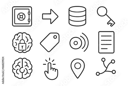 Memory Icon Set. Outline icon set of memory encoding and retrieval: memory vault, encoding arrow, storage icon