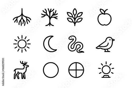 Mythical Tree Symbols. Outline icon set of tree of life mythology: tree roots, branches, leaves, fruit, sun,