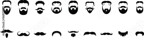 Beard and mustache icon set. Collection of different male facial hair styles. Vector silhouettes of various haircuts for men, suitable for barber and hipster designs.
