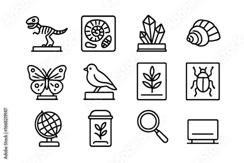 Natural History Icons. Outline icon set of natural history heritage museums: dinosaur skeleton, fossil,