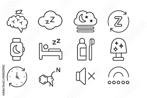 Sleep and Memory Icons. Outline icon set of sleep and memory: sleeping brain, dream cloud, memory