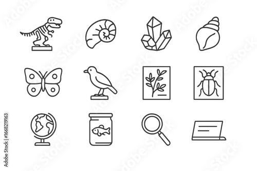 Natural History Icons. Outline icon set of natural history heritage museums: dinosaur skeleton, fossil,