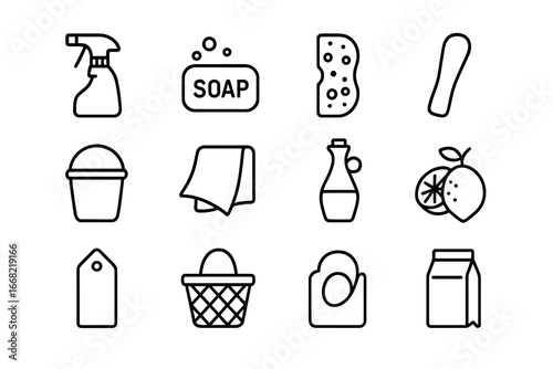 Natural Cleaning Icons. Outline icon set of natural cleaning products trade: spray bottle, soap bar, sponge,