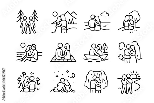 Nature Love Icons. Outline icon set of love in nature: holding hands in forest, mountain view hug, lakeside