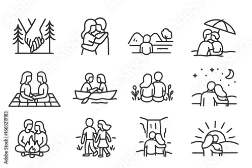Nature Love Icons. Outline icon set of love in nature: holding hands in forest, mountain view hug, lakeside