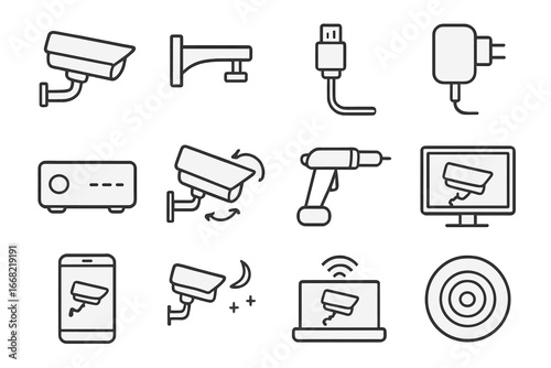 Security Camera Icons. Outline icon set of installing security cameras: CCTV camera, mounting bracket,