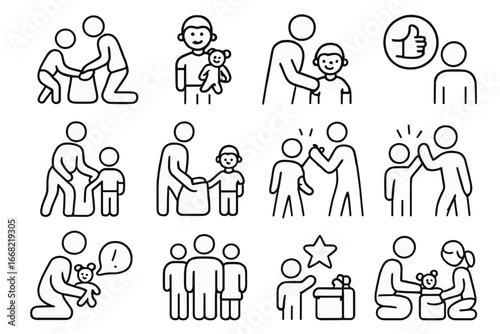 Parent-Child Cleanup Icons. Outline icon set of parent-child bonding over cleanup: parent helping, child