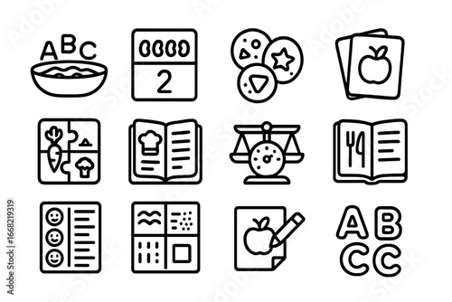 Food Learning Icons. Outline icon set of food-themed learning: alphabet pasta, counting beans, shape cookies,