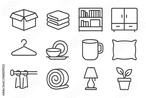 New Home Essentials. Outline icon set of unpacking in the new home: open box, clothes stack, bookshelf,