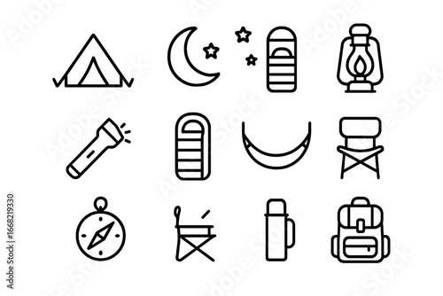 Night Camping Icons. Outline icon set of night camping: tent, moon, stars, campfire, lantern, flashlight,